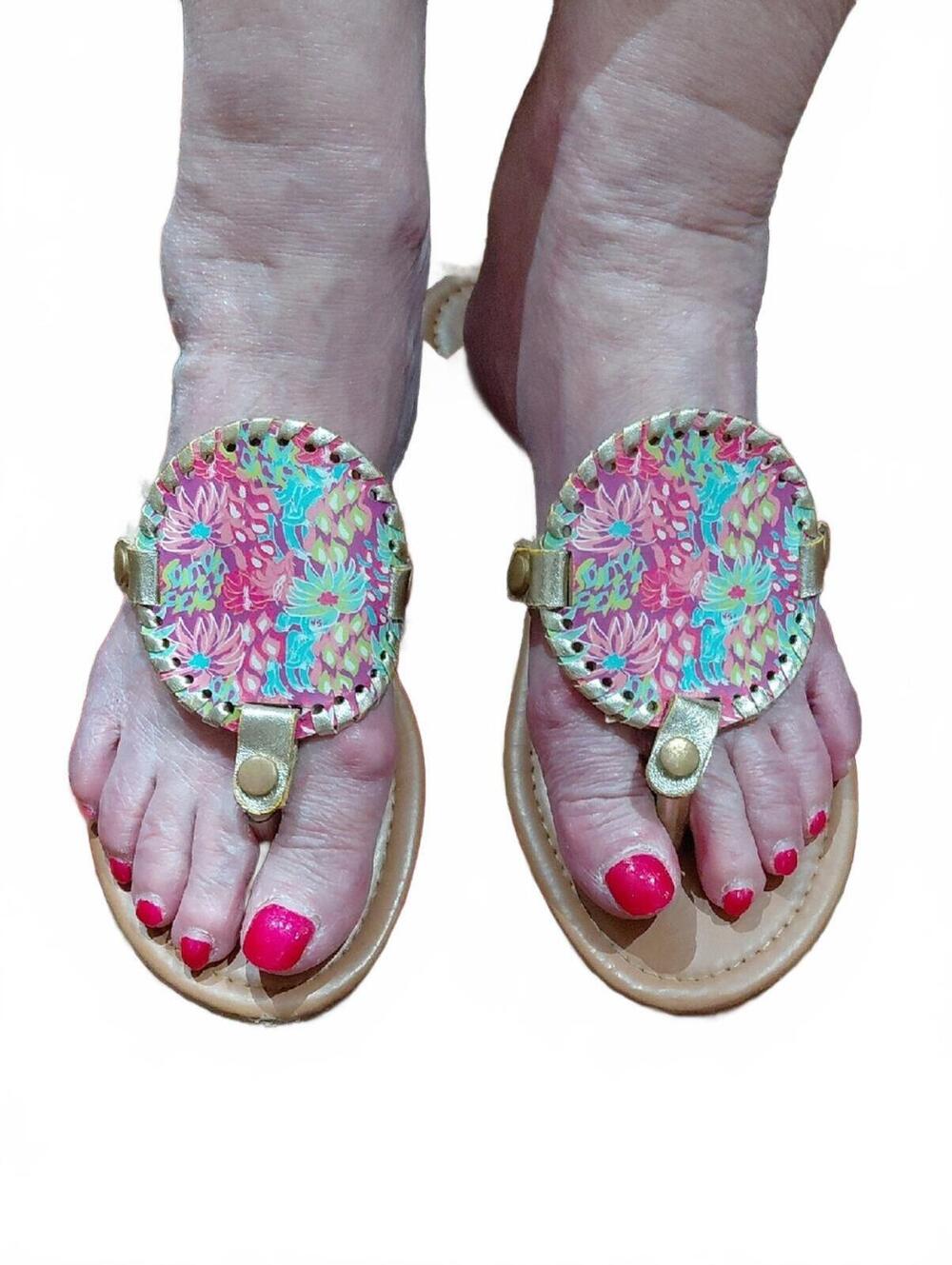 "Simply Southern" Sz. 8, Gold Sandals with Pink and Turquoise Floral Medallions